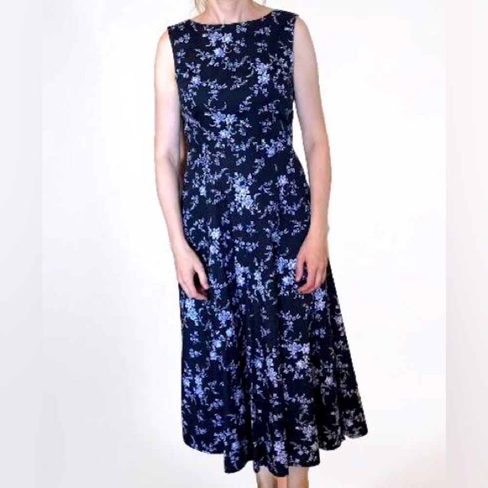 Laura Ashley Vintage Navy Blue White Floral Print Midi Fit and Flare Sundress
